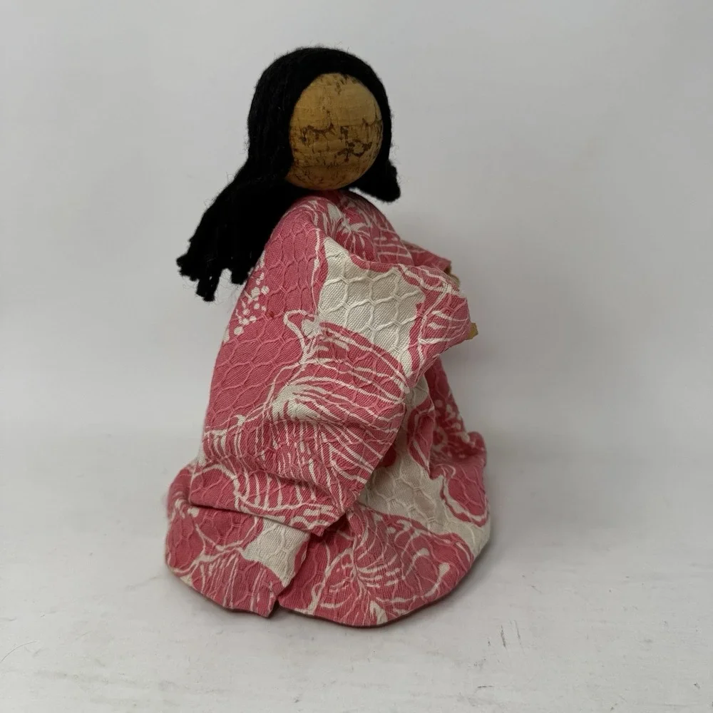 Vintage FOLK ART 7.5 DOLL CORK HEAD Japanese Yarn Hair Collector Pink Dress Girl